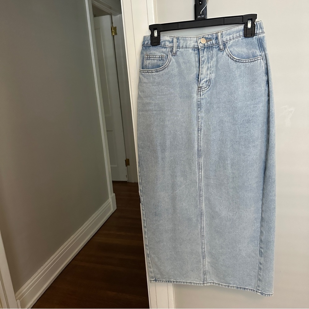 Light Wash Denim Skirt with elastic stretch in back portion of waist band